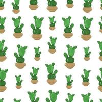 naadloos patroon met tekenfilm ingemaakt kamerplant - schattig groen cactus met stekels in een beige bruin pot Aan wit achtergrond. vector