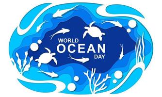 wereld oceaan dag poster sjabloon. papier besnoeiing onderwater- zee achtergrond vector. vector