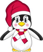 schattig tekenfilm pinguïn in de kerstman hoed en sjaal met baby illustratie vector