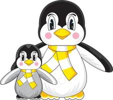 schattig tekenfilm pinguïn in geel gestreept sjaal met baby illustratie vector