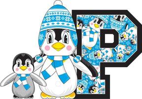 p is voor pinguïn in wolachtig hoed met baby alfabet aan het leren leerzaam illustratie vector