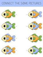 aansluiten de dezelfde afbeeldingen spel met schattig tekenfilm vis. kinderen spel met vis vector