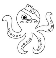 vector zwart en wit piraat Octopus icoon. schattig lijn zee dier illustratie. schat eiland jager met oog lapje. grappig schets piraat partij element voor kinderen. duivelsvis afbeelding, kleur bladzijde