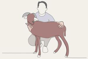 kleur illustratie van een Mens knuffelen zijn offer dier vector