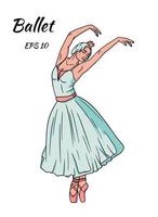 ballerina. danseres in een blauwe jurk in roze pointe-schoenen. vector illustratie geïsoleerd.