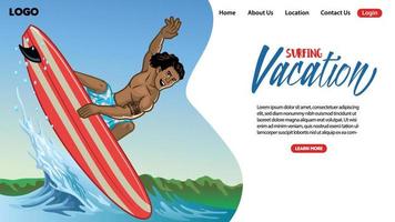 landen bladzijde ontwerp van surfing tour concept met surfer in actie vector