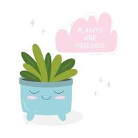 ansichtkaarten met een afbeelding van een kamerplant in een pot met een leuze over een vriend. schattig kawaii kamerplanten met laatste, planten zijn vrienden. vector illustratie geïsoleerd Aan wit achtergrond.