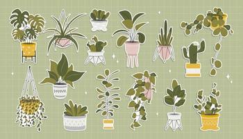 reeks van schattig stickers van kawaii kamerplanten in bloem potten. exotisch planten, monstera en andere decoratief bloemen. vector voorraad illustratie. kinderen illustratie van stickers voor kinderen.