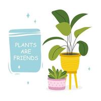 ansichtkaarten met een afbeelding van een kamerplant in een pot met een leuze over een vriend. schattig kawaii kamerplanten met laatste, planten zijn vrienden. vector illustratie geïsoleerd Aan wit achtergrond.