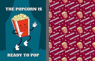 groovy popcorn karakter voor bioscoop pakket. retro stijl illustratie over tussendoortje voedsel. wijnoogst illustratie en film naadloos patroon vector