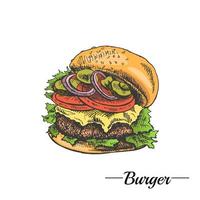 hand getekend gekleurde schetsen van Super goed heerlijk broodje, hamburger, Hamburger geïsoleerd Aan wit achtergrond. snel voedsel wijnoogst illustratie. Super goed voor menu, poster of restaurant achtergrond. vector