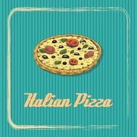 wijnoogst banier met een geheel Italiaans pizza. schetsen, gravure. vector hand getekend voedsel voor menu, reclame of verpakking.