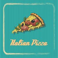 wijnoogst banier met een plak van Italiaans pizza. schetsen, gravure. vector hand getekend voedsel voor menu, reclame of verpakking.