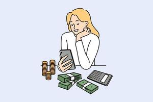 glimlachen vrouw zitten Bij bureau tellen geld beheren begroting. gelukkig vrouw groeit spaargeld zorg over financieel uitgaven. financiën en economie. vector illustratie.