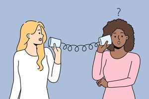 verschillend Dames praten met blik kan telefoon hebben misverstand. multiraciaal vrienden spreken Aan handgemaakt kan telefoon hebben problemen communiceren. vector illustratie.