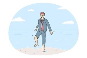 verward zakenman in gescheurd pak wandelen uit van oceaan in strand. gefrustreerd mannetje werknemer opslaan na Botsing wandelen naar kust. vector illustratie.