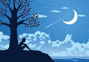 silhouet ontwerp van eenzame jonge man in stille nacht onder een boom vector