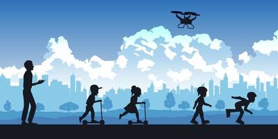 silhouet van mensen in park, ouders en kinderen spelen met drone vector