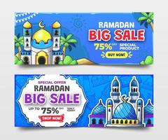 blauw Ramadan uitverkoop banners met hand- getrokken moskeeën illustratie vector