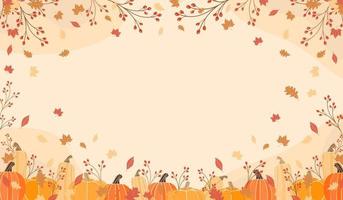 gelukkig dankzegging groet achtergrond met pompoenen, butternut squash, esdoorn- bladeren of blad vector illustratie voor dankzegging herfst, oogst festival. sjabloon voor poster, banier, kaarten