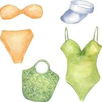 reeks van vrouw strandkleding waterverf illustratie geïsoleerd Aan wit. zomer stijl van zwemkleding, bikini, pet en zak hand- getrokken. ontwerp voor winkel, uitverkoop, tijdschrift, verpakking, vitrine, patroon vector