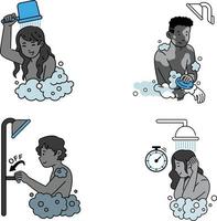 zwart Mens en vrouw het wassen hun handen in de douche. reeks van vector illustraties.