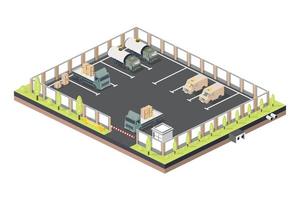 isometrische parkeren voor vrachtwagens en auto's. controlepost met barrière. vector