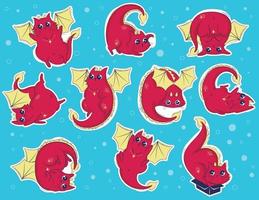 vrolijk rood drakenkat stickerpakket vector