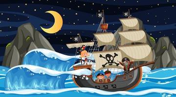 oceaan met piratenschip bij nachtscène in cartoonstijl vector