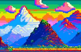 landschap 8 bit pixel kunst. zomer natuurlijk landschap berg landschap speelhal video spel achtergrond vector