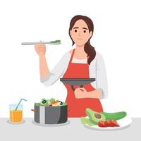 gezond eetpatroon en levensstijl concept. jong glimlachen vrouw tekenfilm karakter in schort staand in keuken en snijdend groenten maken gezond vers salade voor lunch vector