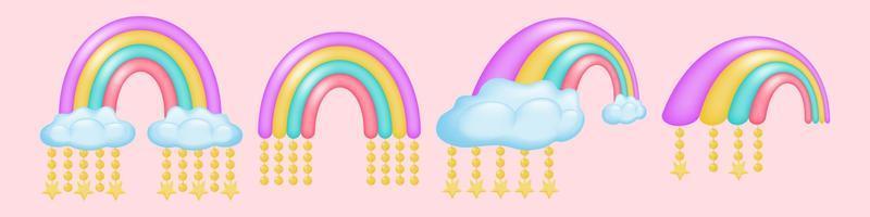 reeks van fantastisch 3d kleurrijk regenbogen. een helder regenboog met en zonder omvangrijk wolken in verschillend posities. ideaal voor kinderen boeken, huis decor. vector