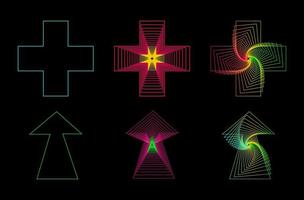 neon pijl, neon kruis. lineair abstract meetkundig vormen van neon kleuren Aan zwart achtergrond. neon teken. gloeiend icoon Aan donker achtergrond. vector illustratie