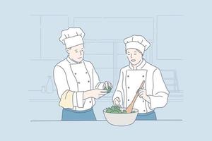 Koken samen, voorbereidingen treffen diner, gastronomie concept vector