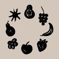 hand- imitatie van droog borstel met fruit. tekening van banaan, aardbeien, appel, avocado, druiven, bloem, zon. abstract set. de figuren zijn getrokken met inkt. modern ontwerp elementen. vector illustratie