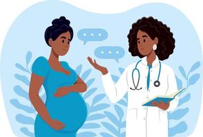 een vrouw ervan uitgaand een baby bezoeken de artsen kantoor, examen gedurende zwangerschap. een zwanger vrouw is pratend naar een verloskundige gynaecoloog. overleg en examen gedurende zwangerschap concept. vector