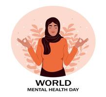 wereld mentaal Gezondheid dag illustratie. moslim vrouw mediteren met ogen Gesloten. vector