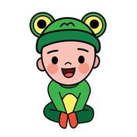 vector leuke cartoon van jongen die een kikkerkostuum draagt. hij zit gelukkig en glimlacht.