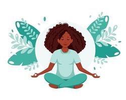 zwarte vrouw mediteren. gezonde levensstijl, yoga, meditatie, ontspanning, recreatie. vector illustratie.