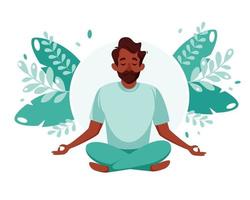 zwarte man mediteren. gezonde levensstijl, yoga, meditatie, ontspanning, recreatie. vector illustratie.