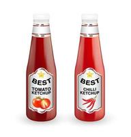 echte tomaten en chili ketchup fles op een witte achtergrond vector