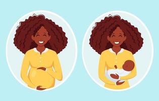 zwangere zwarte vrouw. afro-amerikaanse vrouw met pasgeboren. zwangerschap, moederschap. vector illustratie.