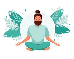 man mediteren. gezonde levensstijl, yoga, meditatie, ontspanning, recreatie. vector illustratie.