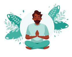 zwarte man mediteren. gezonde levensstijl, yoga, meditatie, ontspanning, recreatie. vector illustratie.