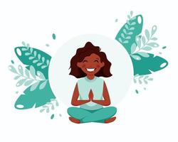 klein zwart meisje mediteren. gezonde levensstijl van kinderen, yoga, meditatie, lichaamsbeweging. vector illustratie.