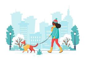 zwarte vrouw wandelen met hond. winter buitenactiviteit. vector illustratie