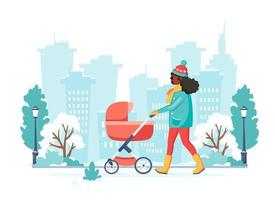 zwarte vrouw lopen met kinderwagen in de winter. buiten activiteit. vector illustratie