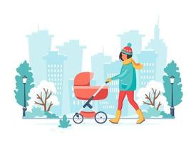 vrouw lopen met kinderwagen in de winter. buiten activiteit. vector illustratie.