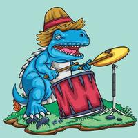 blauw dinosaurus spelen drums tekenfilm vector
