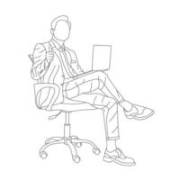 Mens zittend Aan een stoel lijn kunst met wit achtergrond, illustratie lijn tekening. vector